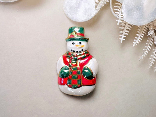 Vintage Christmas Snowman Brooch, Winter Wonderland Frosty Pin with Hat and Scarf, Red White and Green Pearlized Ceramic 80s Christmas Gift