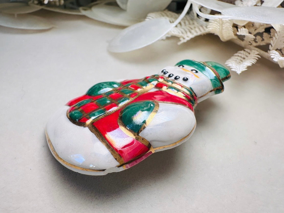 Vintage Christmas Snowman Brooch, Winter Wonderland Frosty Pin with Hat and Scarf, Red White and Green Pearlized Ceramic 80s Christmas Gift