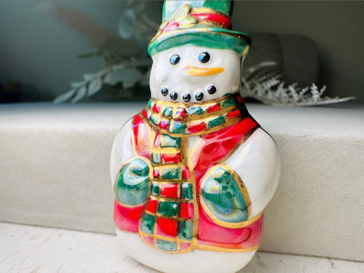 Vintage Christmas Snowman Brooch, Winter Wonderland Frosty Pin with Hat and Scarf, Red White and Green Pearlized Ceramic 80s Christmas Gift