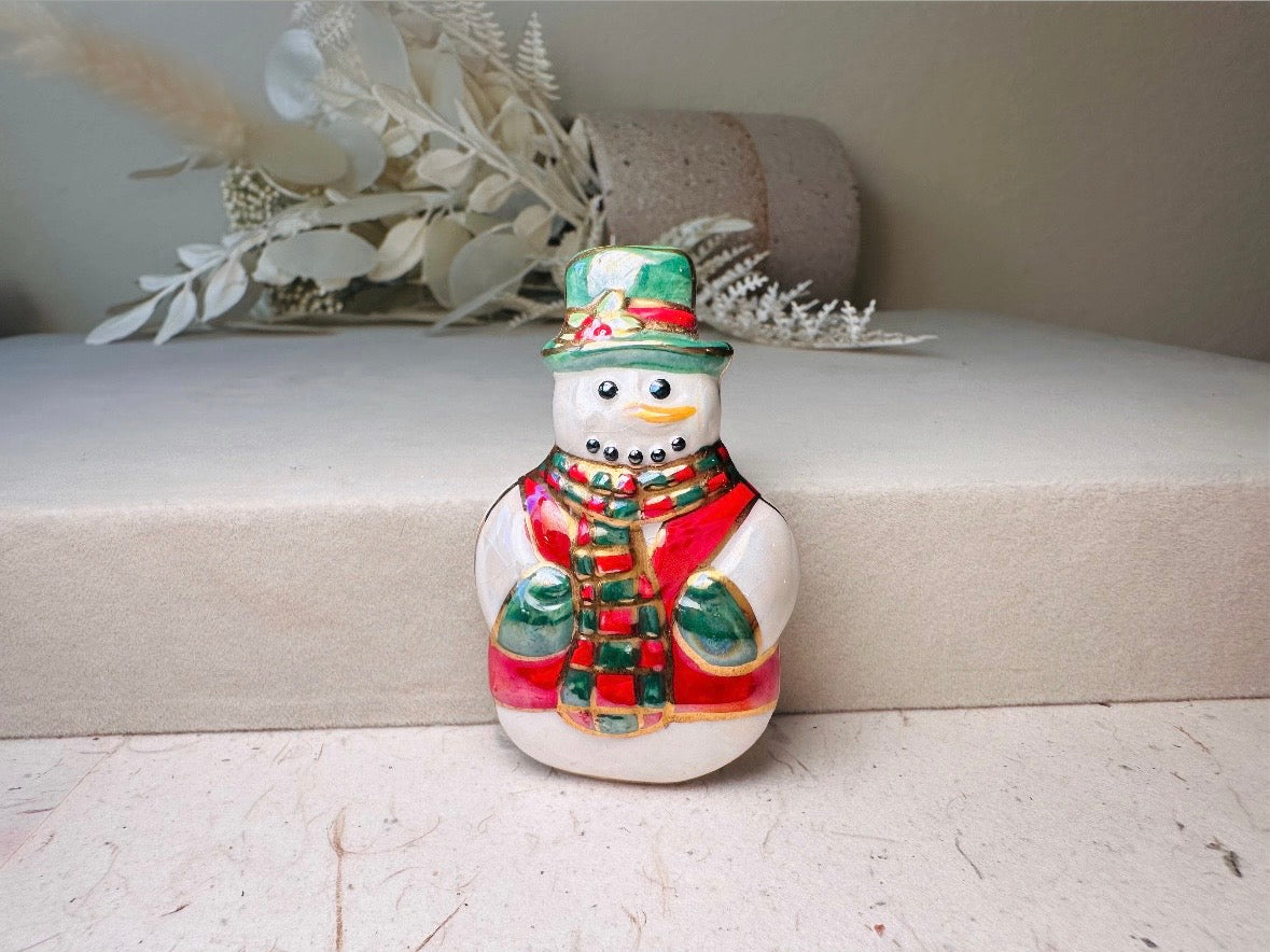 Vintage Christmas Snowman Brooch, Winter Wonderland Frosty Pin with Hat and Scarf, Red White and Green Pearlized Ceramic 80s Christmas Gift
