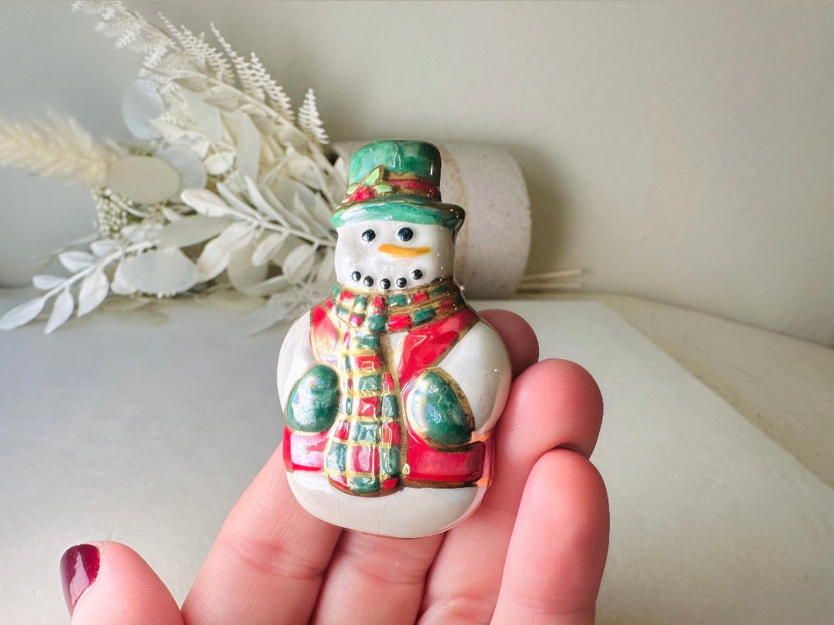 Vintage Christmas Snowman Brooch, Winter Wonderland Frosty Pin with Hat and Scarf, Red White and Green Pearlized Ceramic 80s Christmas Gift