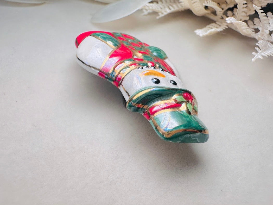 Vintage Christmas Snowman Brooch, Winter Wonderland Frosty Pin with Hat and Scarf, Red White and Green Pearlized Ceramic 80s Christmas Gift