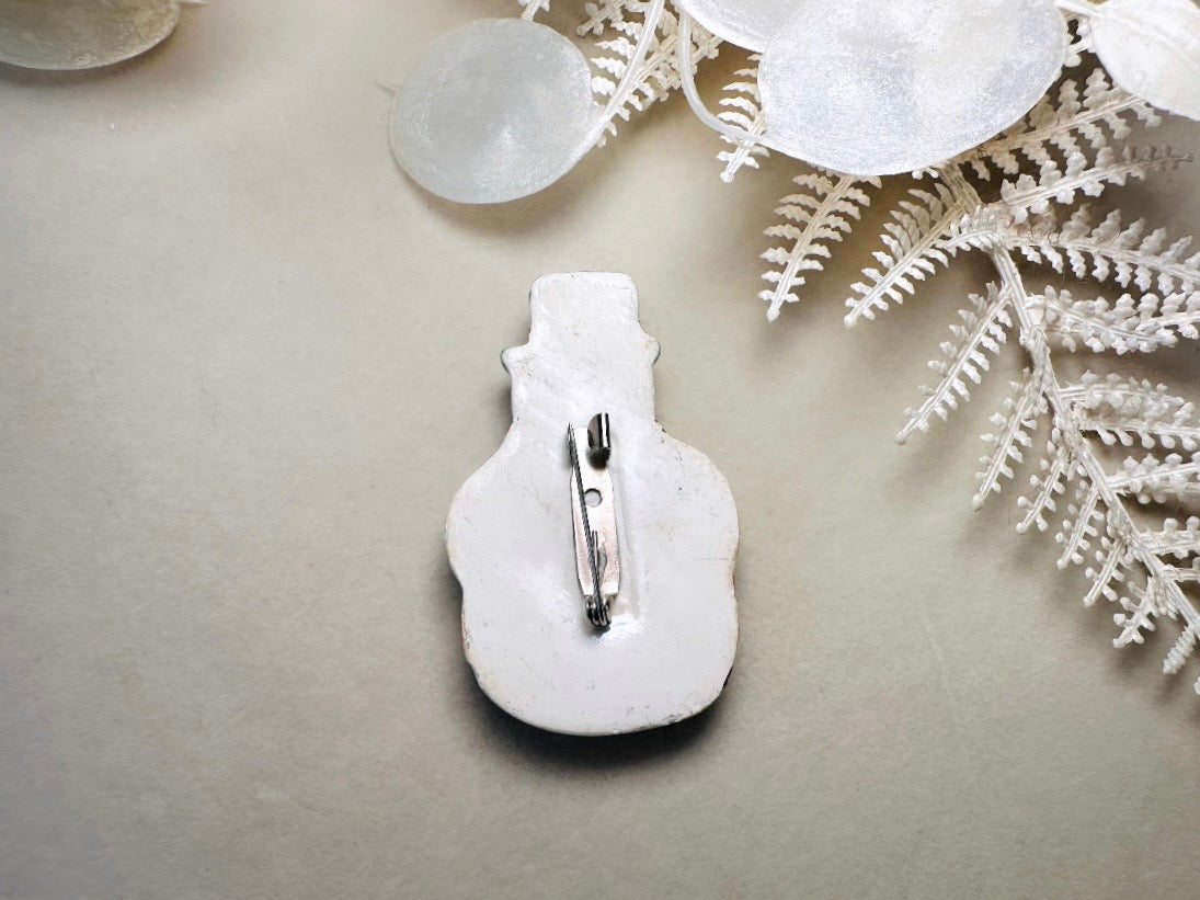 Vintage Christmas Snowman Brooch, Winter Wonderland Frosty Pin with Hat and Scarf, Red White and Green Pearlized Ceramic 80s Christmas Gift