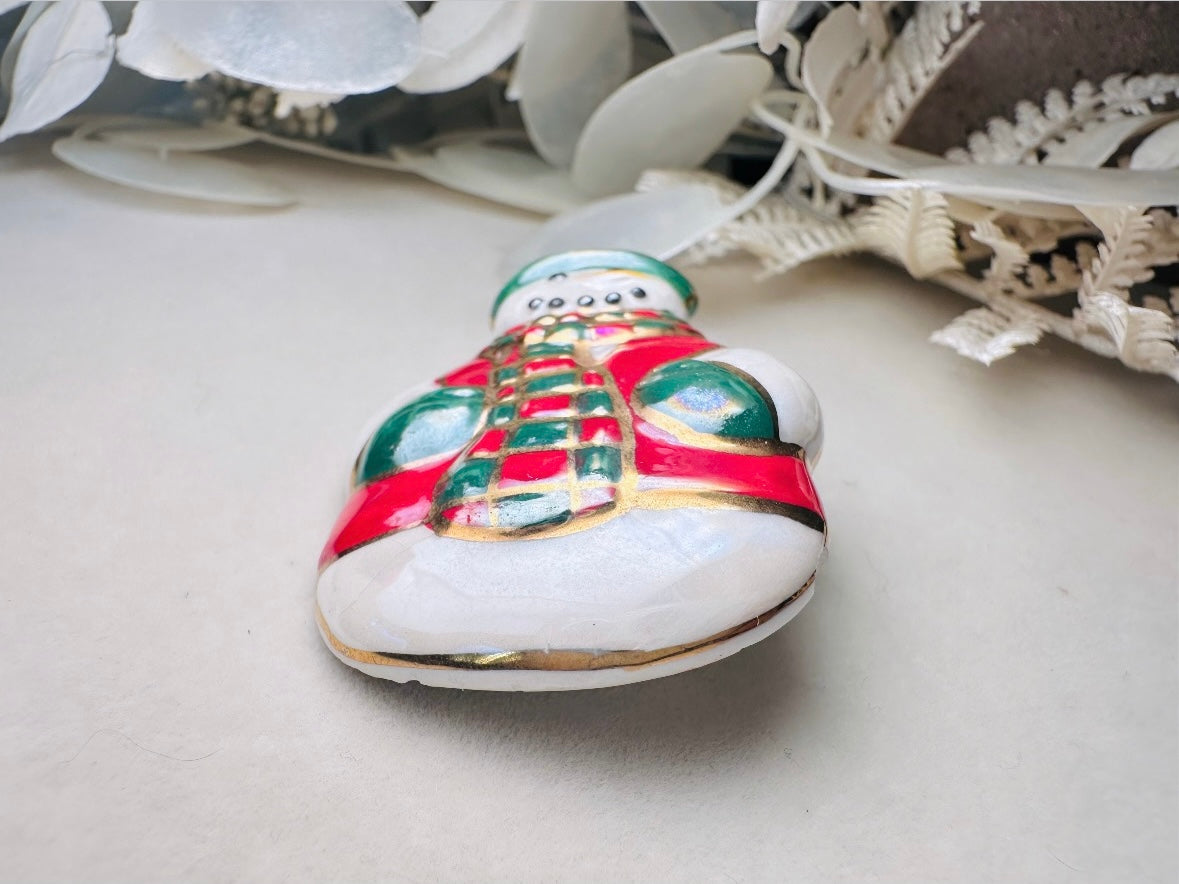 Vintage Christmas Snowman Brooch, Winter Wonderland Frosty Pin with Hat and Scarf, Red White and Green Pearlized Ceramic 80s Christmas Gift