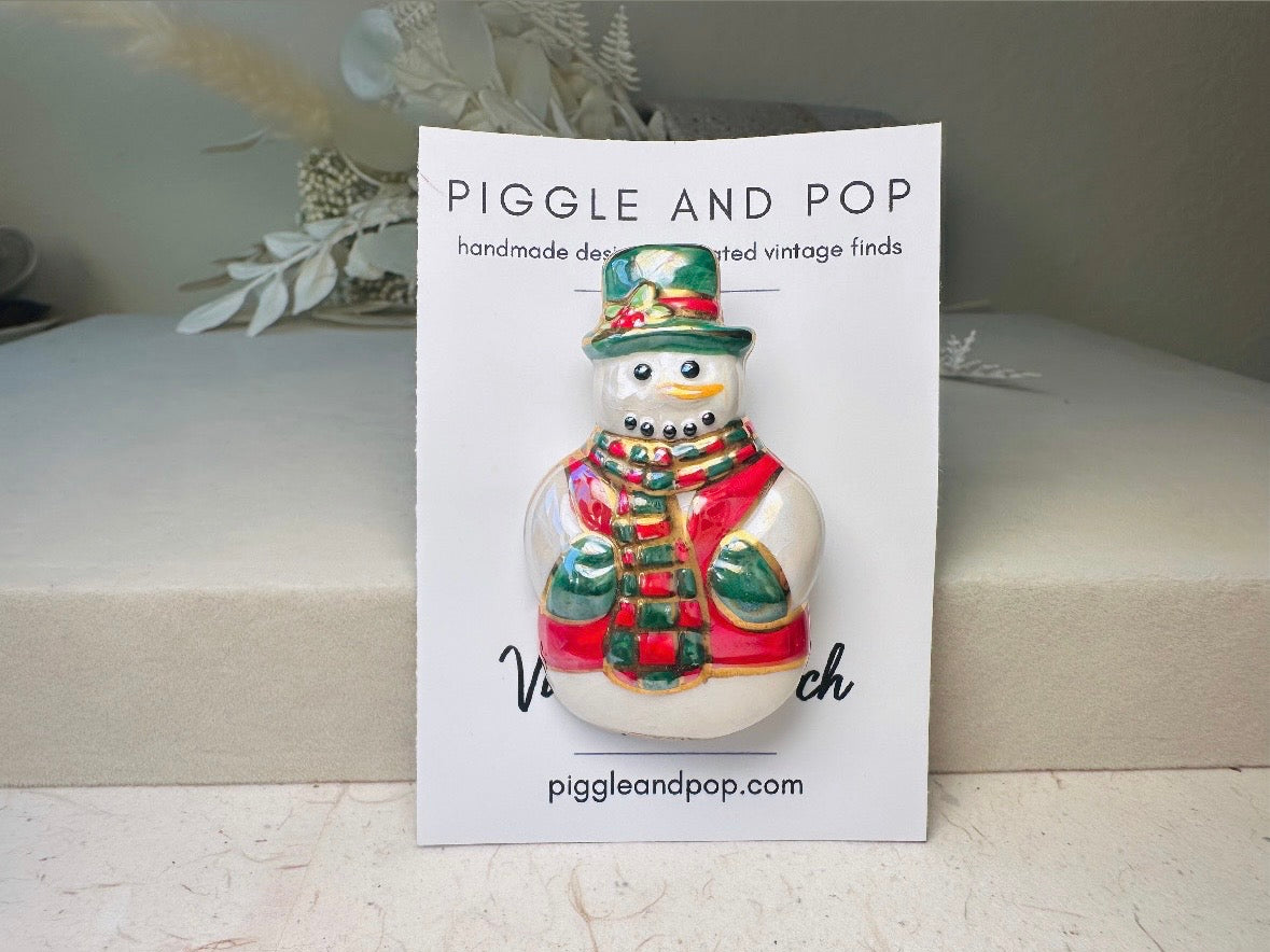 Vintage Christmas Snowman Brooch, Winter Wonderland Frosty Pin with Hat and Scarf, Red White and Green Pearlized Ceramic 80s Christmas Gift