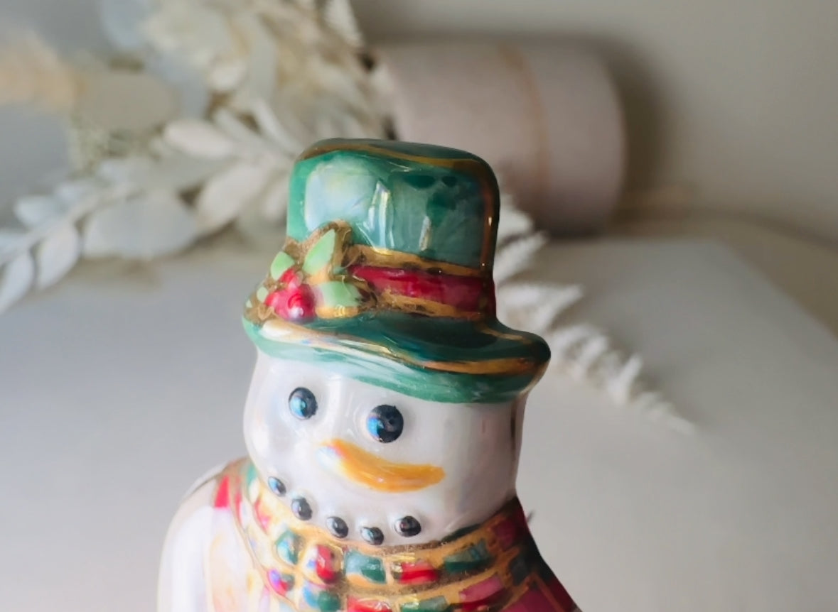 Vintage Christmas Snowman Brooch, Winter Wonderland Frosty Pin with Hat and Scarf, Red White and Green Pearlized Ceramic 80s Christmas Gift