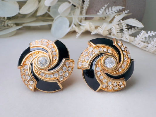 Vintage Cocktail Earrings, Black Enamel and Crystal Spiral Earrings, Bold 80s Glam Gold Earrings Clip On Statement Earrings
