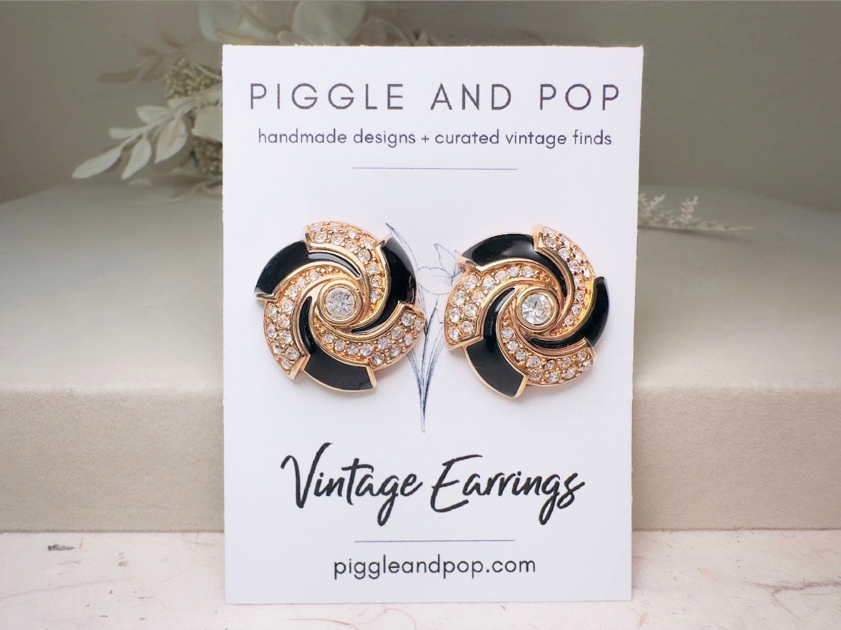 Vintage Cocktail Earrings, Black Enamel and Crystal Spiral Earrings, Bold 80s Glam Gold Earrings Clip On Statement Earrings