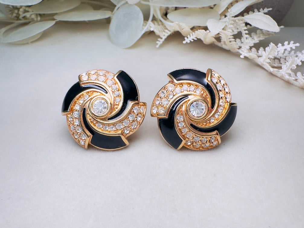 Vintage Cocktail Earrings, Black Enamel and Crystal Spiral Earrings, Bold 80s Glam Gold Earrings Clip On Statement Earrings