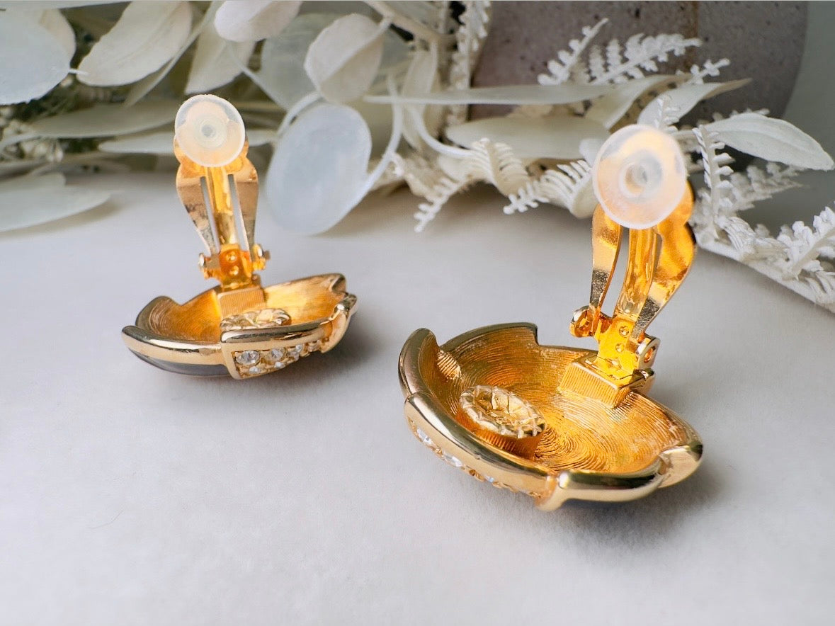 Vintage Cocktail Earrings, Black Enamel and Crystal Spiral Earrings, Bold 80s Glam Gold Earrings Clip On Statement Earrings