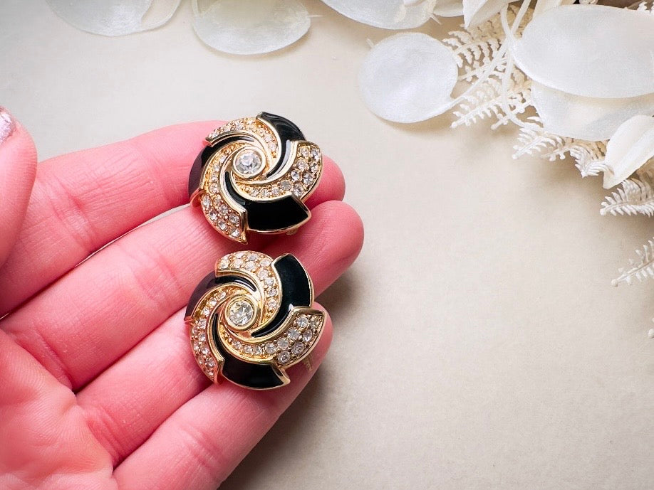 Vintage Cocktail Earrings, Black Enamel and Crystal Spiral Earrings, Bold 80s Glam Gold Earrings Clip On Statement Earrings