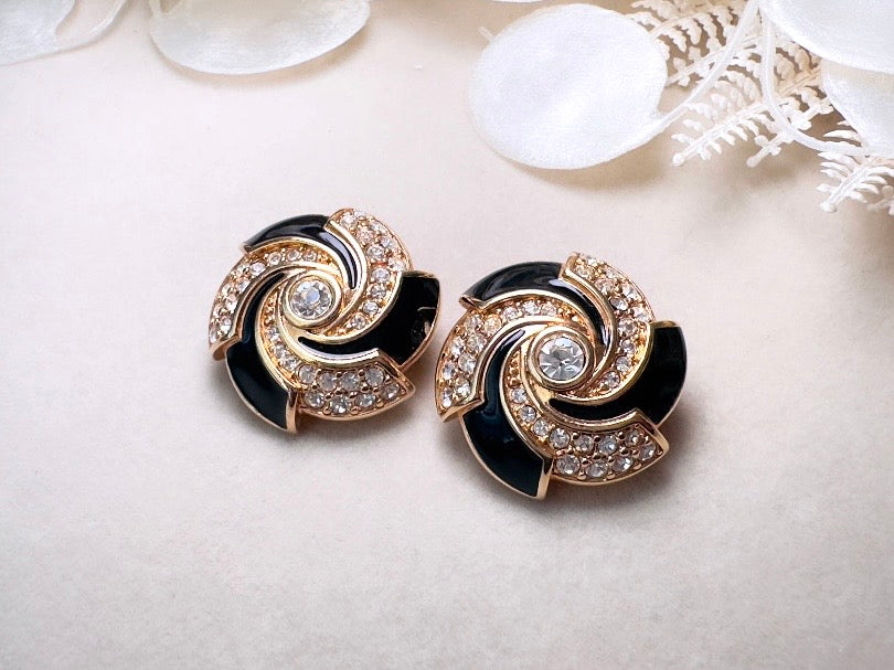 Vintage Cocktail Earrings, Black Enamel and Crystal Spiral Earrings, Bold 80s Glam Gold Earrings Clip On Statement Earrings