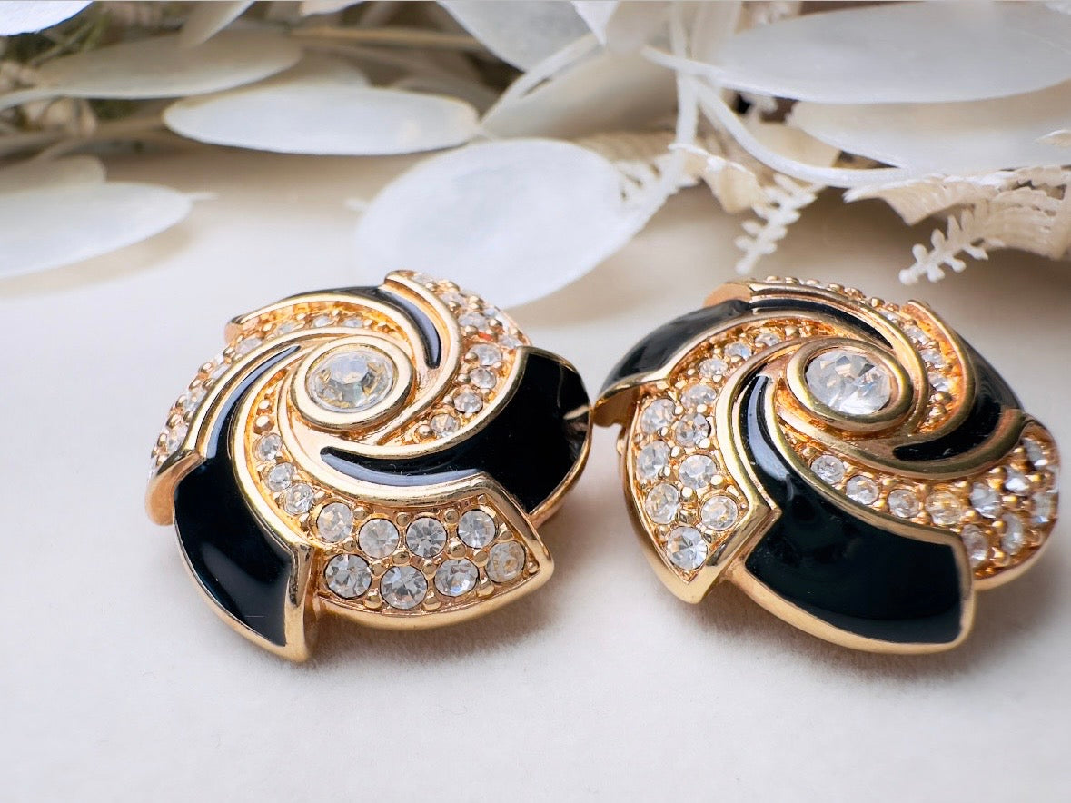 Vintage Cocktail Earrings, Black Enamel and Crystal Spiral Earrings, Bold 80s Glam Gold Earrings Clip On Statement Earrings