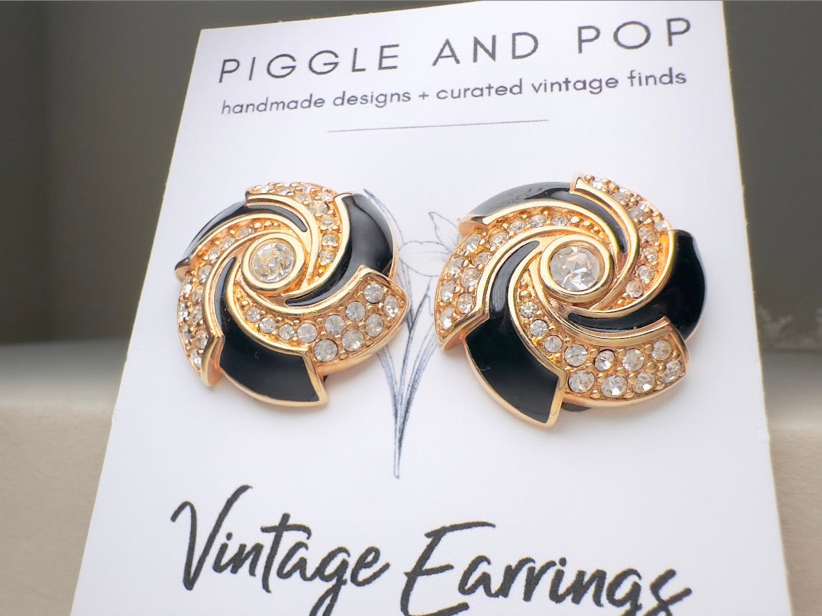Vintage Cocktail Earrings, Black Enamel and Crystal Spiral Earrings, Bold 80s Glam Gold Earrings Clip On Statement Earrings
