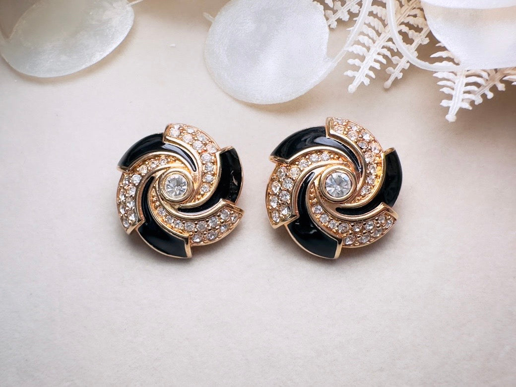 Vintage Cocktail Earrings, Black Enamel and Crystal Spiral Earrings, Bold 80s Glam Gold Earrings Clip On Statement Earrings