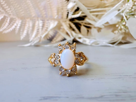 Vintage Cocktail Ring, Faux Opal and Diamond Rhinestone 1960's Costume Fashion Ring, Gold Toned Diamond Hollywood Regency Ring Size 6.5