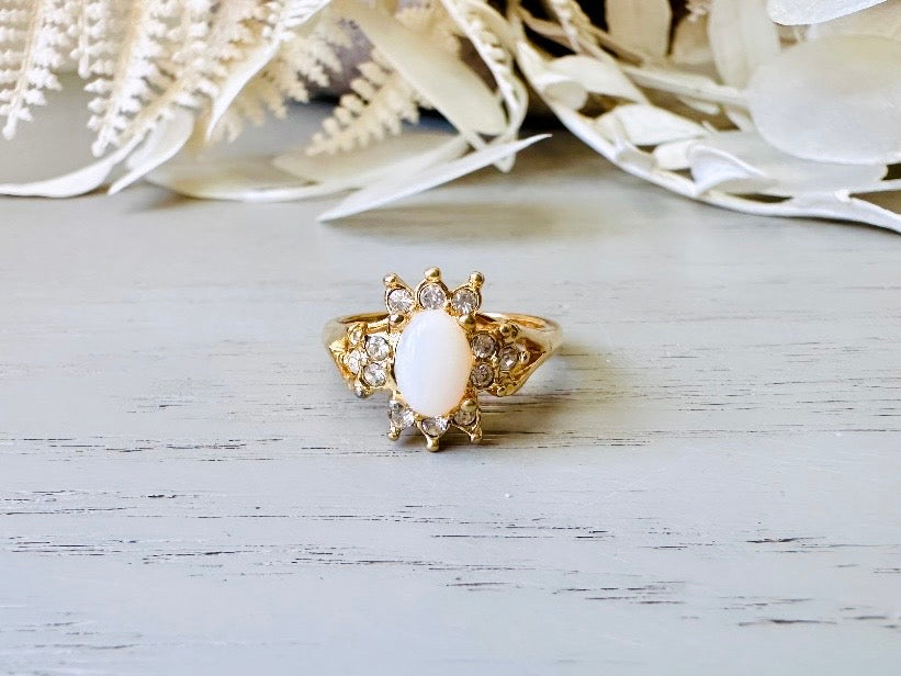 Vintage Cocktail Ring, Faux Opal and Diamond Rhinestone 1960's Costume Fashion Ring, Gold Toned Diamond Hollywood Regency Ring Size 6.5