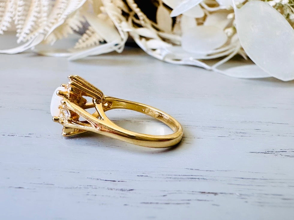 Vintage Cocktail Ring, Faux Opal and Diamond Rhinestone 1960's Costume Fashion Ring, Gold Toned Diamond Hollywood Regency Ring Size 6.5