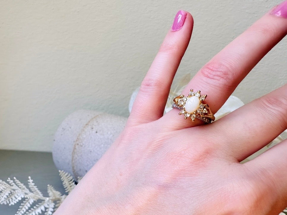 Vintage Cocktail Ring, Faux Opal and Diamond Rhinestone 1960's Costume Fashion Ring, Gold Toned Diamond Hollywood Regency Ring Size 6.5
