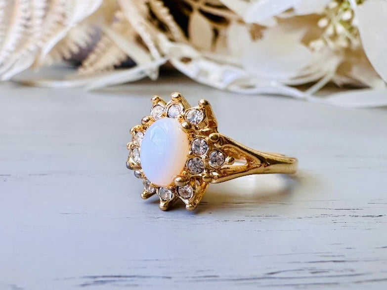 Vintage Cocktail Ring, Faux Opal and Diamond Rhinestone 1960's Costume Fashion Ring, Gold Toned Diamond Hollywood Regency Ring Size 6.5