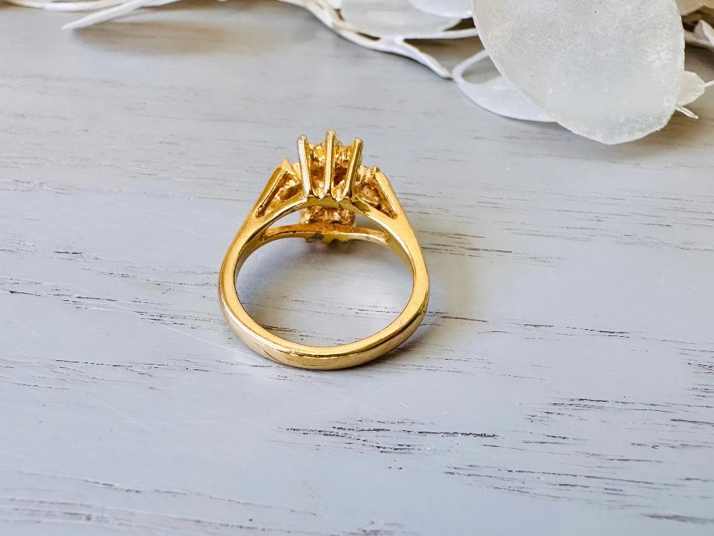 Vintage Cocktail Ring, Faux Opal and Diamond Rhinestone 1960's Costume Fashion Ring, Gold Toned Diamond Hollywood Regency Ring Size 6.5
