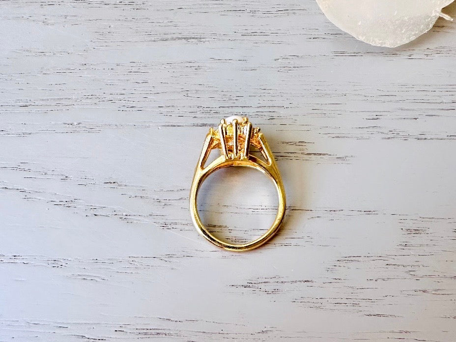 Vintage Cocktail Ring, Faux Opal and Diamond Rhinestone 1960's Costume Fashion Ring, Gold Toned Diamond Hollywood Regency Ring Size 6.5