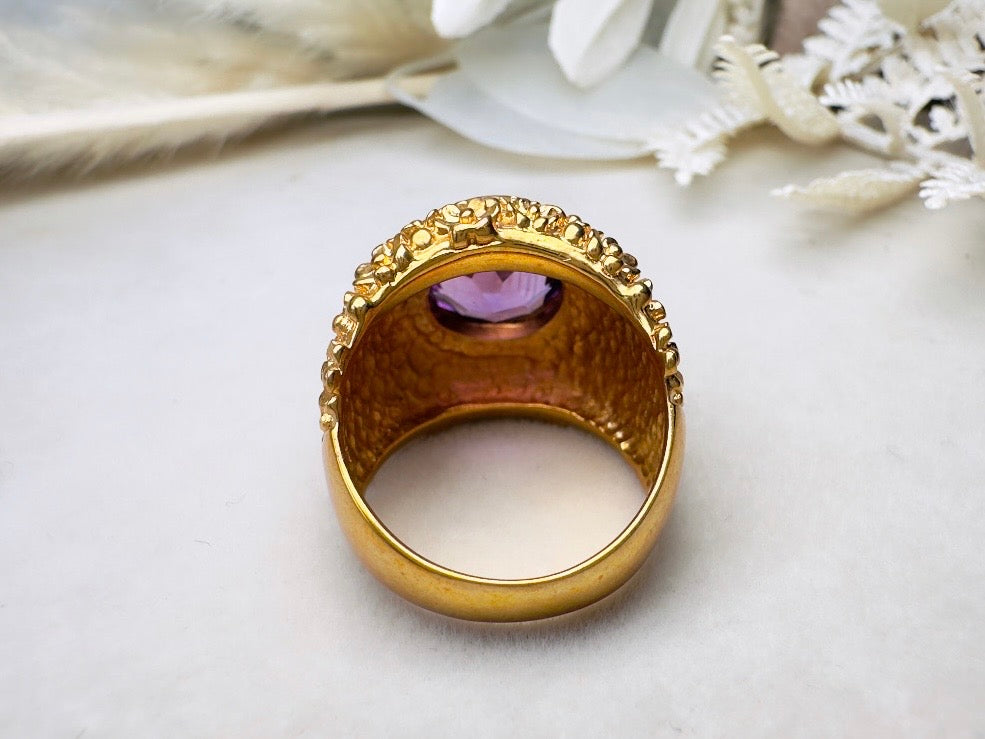 Vintage Cocktail Ring, Gold Plated Amethyst Purple Crystal Statement Ring, 70s Chunky Ring with Faceted Glass, Textured Band Size 6.25