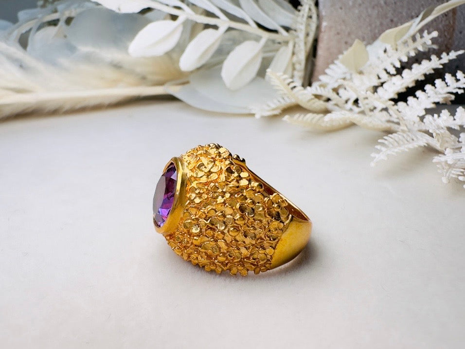 Vintage Cocktail Ring, Gold Plated Amethyst Purple Crystal Statement Ring, 70s Chunky Ring with Faceted Glass, Textured Band Size 6.25