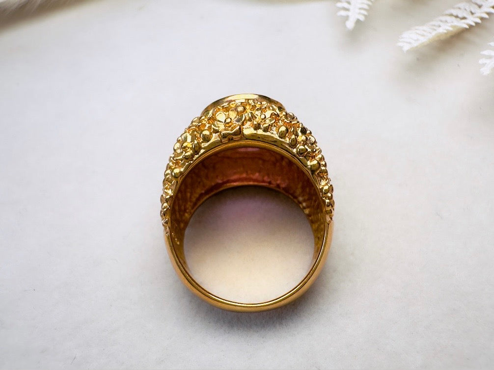 Vintage Cocktail Ring, Gold Plated Amethyst Purple Crystal Statement Ring, 70s Chunky Ring with Faceted Glass, Textured Band Size 6.25