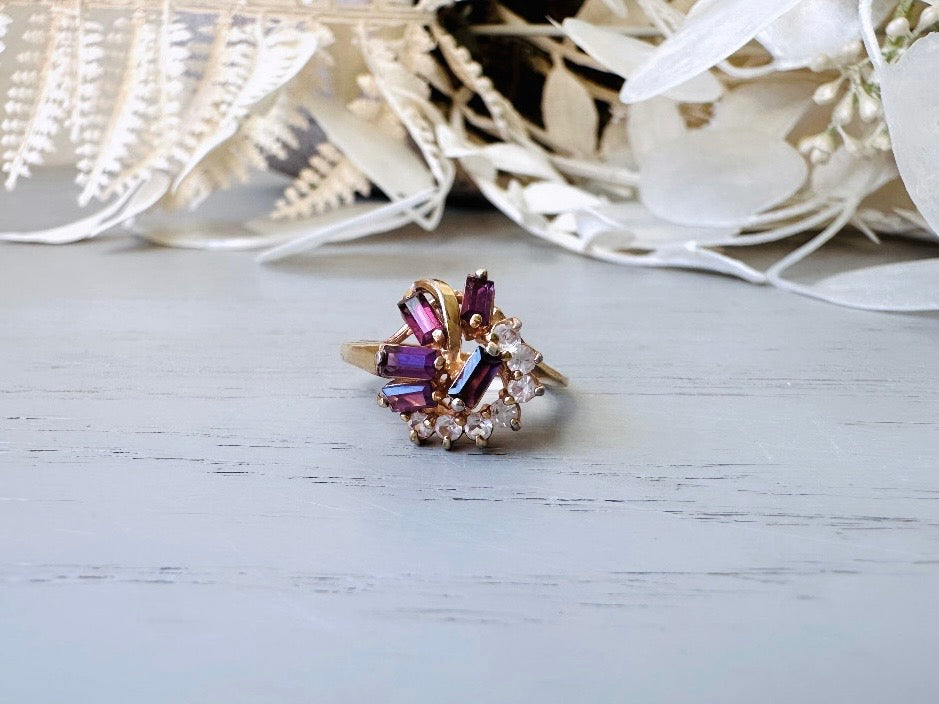 Vintage Cocktail Ring, Prong Set Plum Purple Baguette Stones in Wave with Clear Diamond Rhinestones, Gorgeous Gold Plated Cocktail Ring Sz 6