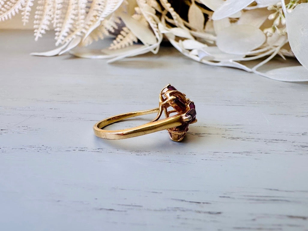 Vintage Cocktail Ring, Prong Set Plum Purple Baguette Stones in Wave with Clear Diamond Rhinestones, Gorgeous Gold Plated Cocktail Ring Sz 6 from Piggle and Pop