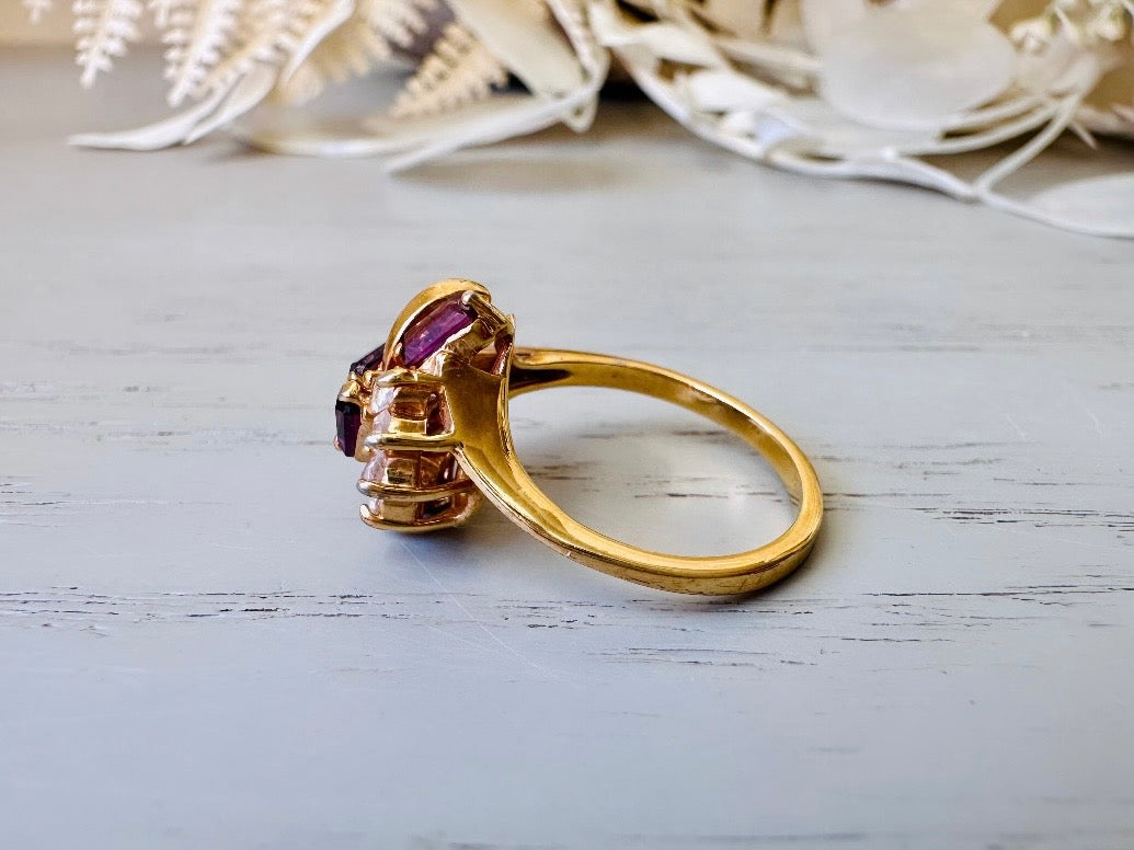 Vintage Cocktail Ring, Prong Set Plum Purple Baguette Stones in Wave with Clear Diamond Rhinestones, Gorgeous Gold Plated Cocktail Ring Sz 6 from Piggle and Pop