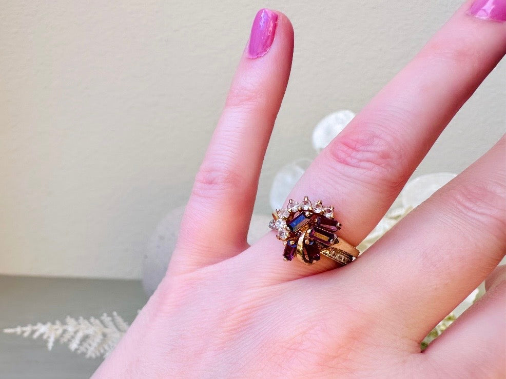 Vintage Cocktail Ring, Prong Set Plum Purple Baguette Stones in Wave with Clear Diamond Rhinestones, Gorgeous Gold Plated Cocktail Ring Sz 6 from Piggle and Pop