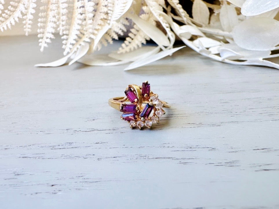 Vintage Cocktail Ring, Prong Set Plum Purple Baguette Stones in Wave with Clear Diamond Rhinestones, Gorgeous Gold Plated Cocktail Ring Sz 6 from Piggle and Pop