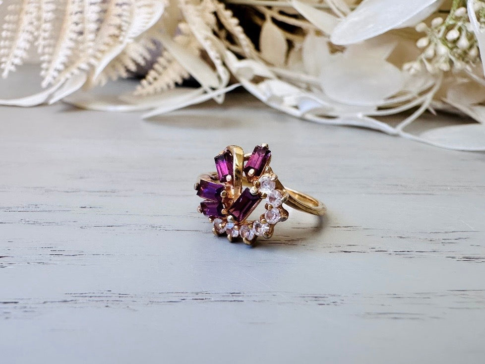 Vintage Cocktail Ring, Prong Set Plum Purple Baguette Stones in Wave with Clear Diamond Rhinestones, Gorgeous Gold Plated Cocktail Ring Sz 6 from Piggle and Pop