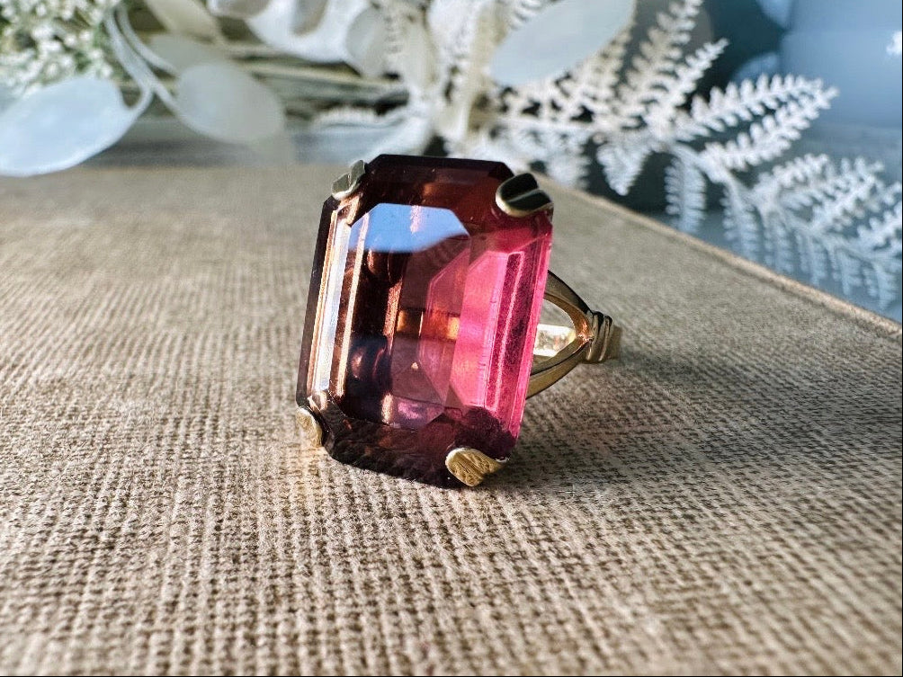 Vintage Cocktail Ring, Smoky Amethyst Chunky Statement Ring, Large Purple and Gold Emerald Cut 1978 Ring