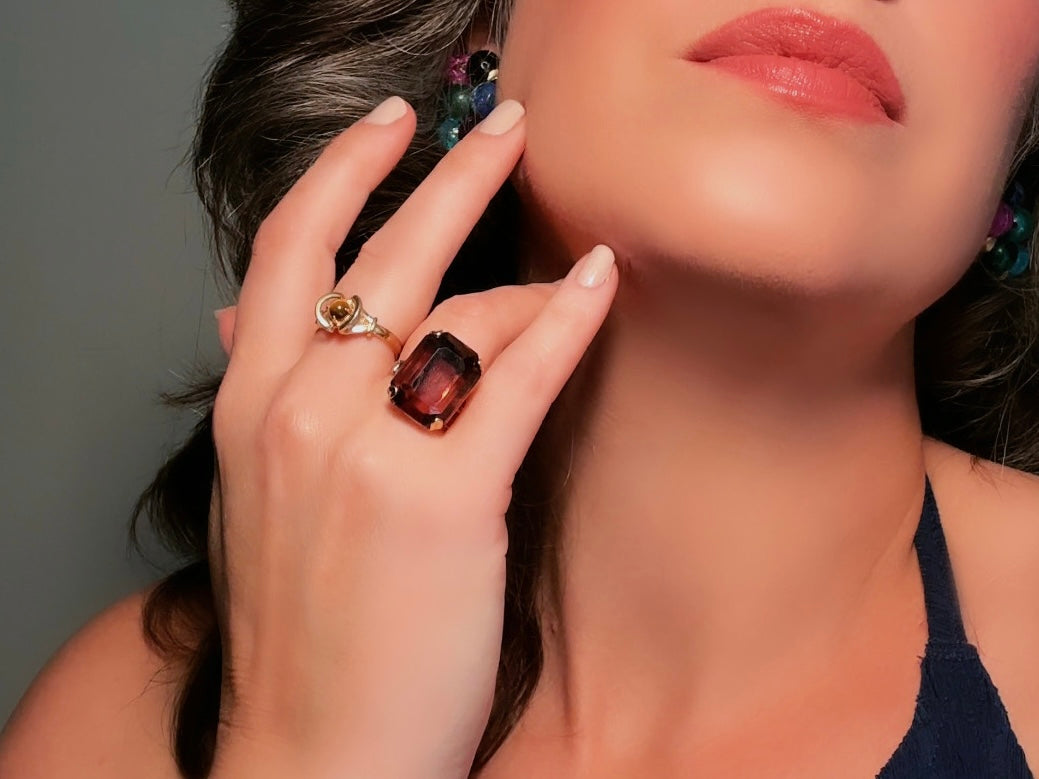 Vintage Cocktail Ring, Smoky Amethyst Chunky Statement Ring, Large Purple and Gold Emerald Cut 1978 Ring