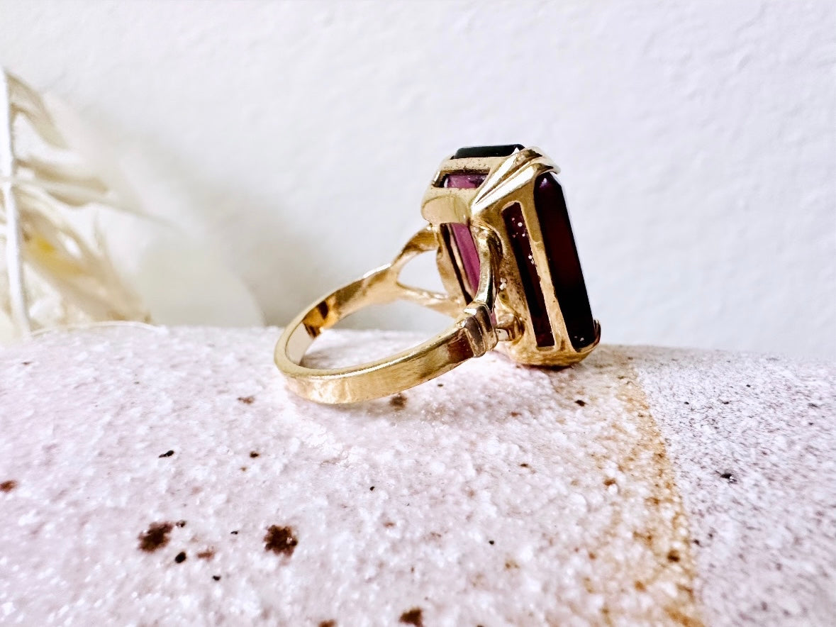Vintage Cocktail Ring, Smoky Amethyst Chunky Statement Ring, Large Purple and Gold Emerald Cut 1978 Ring