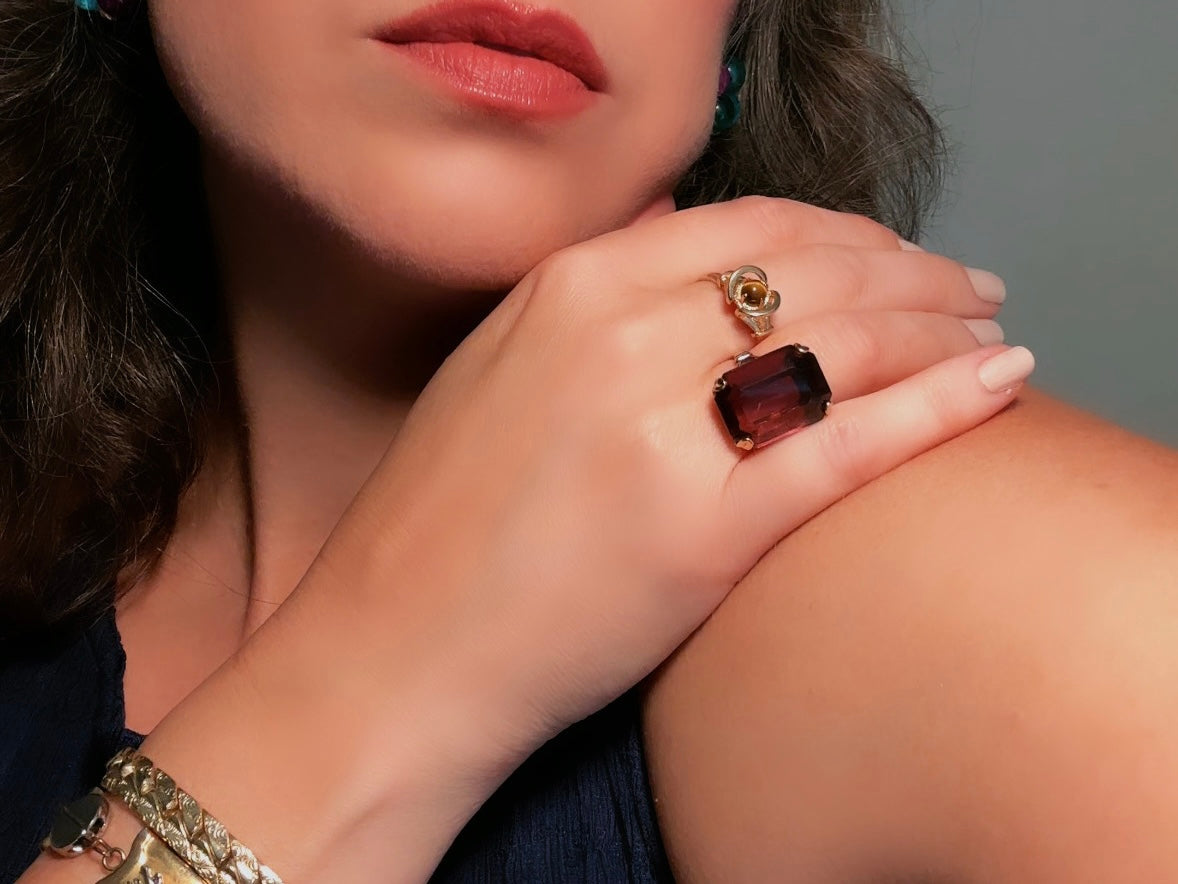 Vintage Cocktail Ring, Smoky Amethyst Chunky Statement Ring, Large Purple and Gold Emerald Cut 1978 Ring