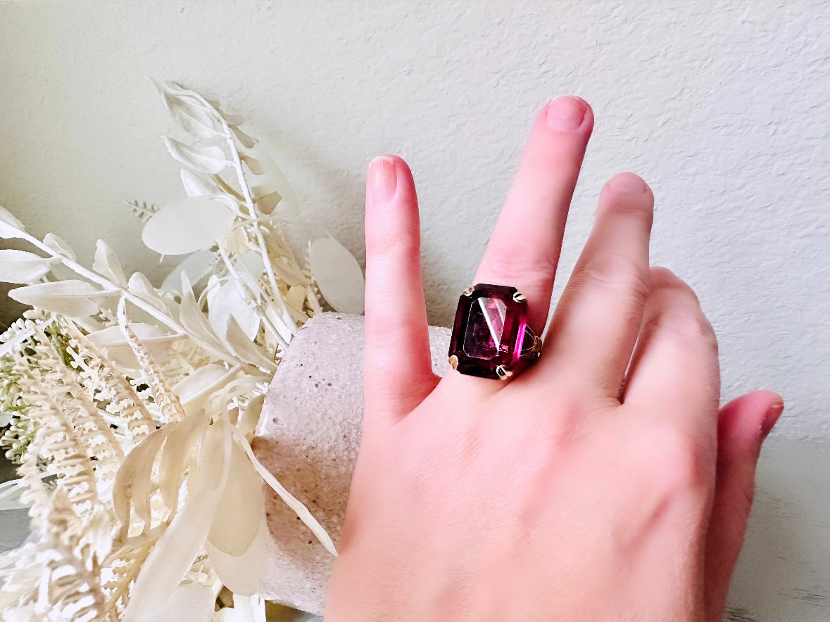 Vintage Cocktail Ring, Smoky Amethyst Chunky Statement Ring, Large Purple and Gold Emerald Cut 1978 Ring