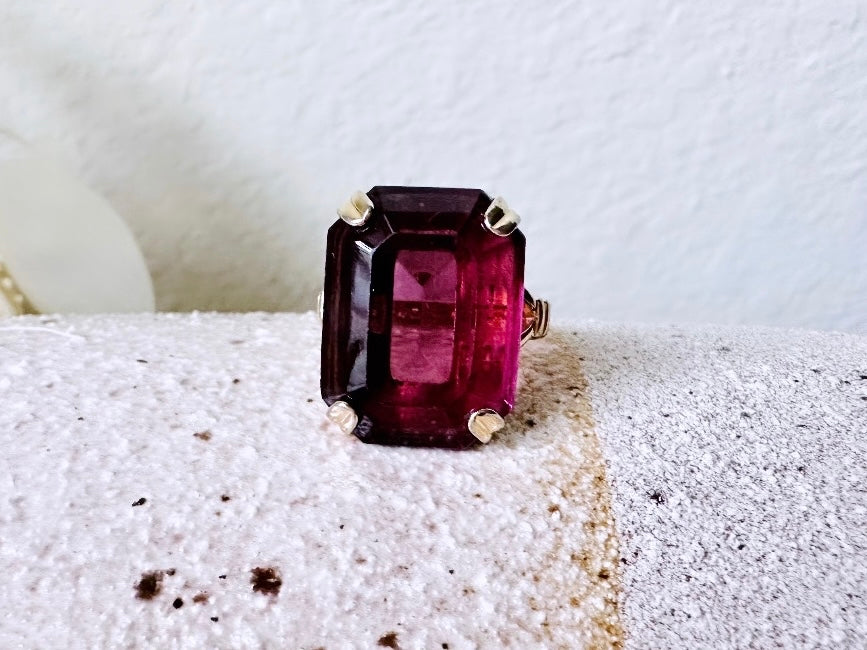 Vintage Cocktail Ring, Smoky Amethyst Chunky Statement Ring, Large Purple and Gold Emerald Cut 1978 Ring