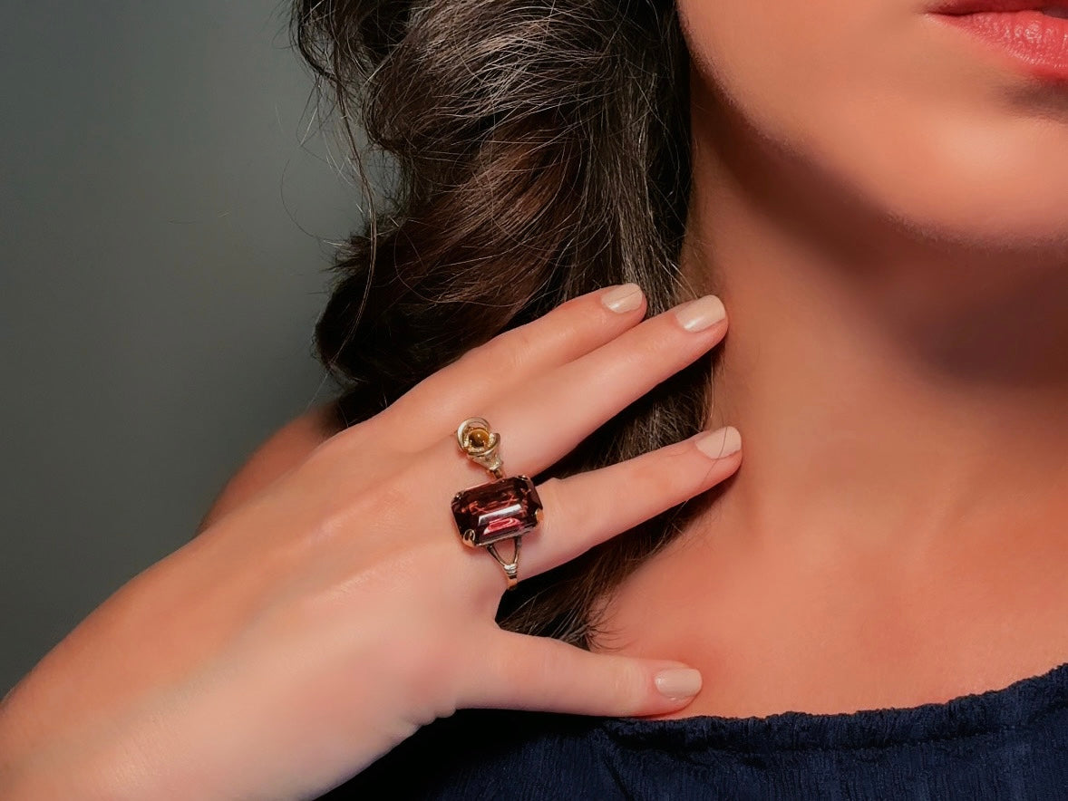 Vintage Cocktail Ring, Smoky Amethyst Chunky Statement Ring, Large Purple and Gold Emerald Cut 1978 Ring