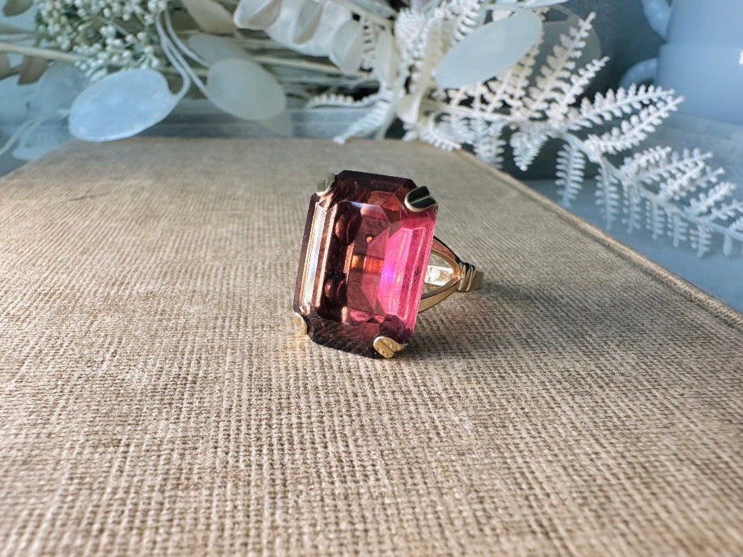 Vintage Cocktail Ring, Smoky Amethyst Chunky Statement Ring, Large Purple and Gold Emerald Cut 1978 Ring