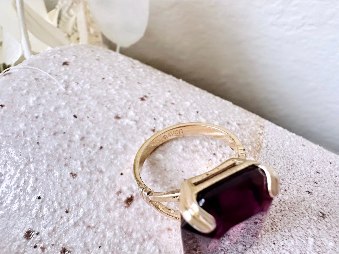 Vintage Cocktail Ring, Smoky Amethyst Chunky Statement Ring, Large Purple and Gold Emerald Cut 1978 Ring