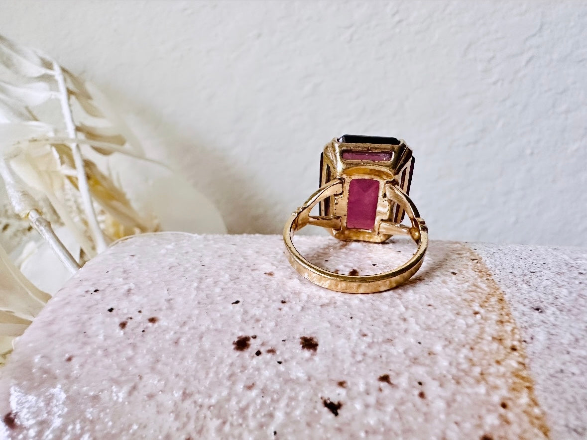 Vintage Cocktail Ring, Smoky Amethyst Chunky Statement Ring, Large Purple and Gold Emerald Cut 1978 Ring