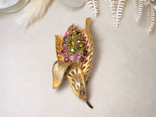 Vintage Corn Brooch, Whimsical Oversized Gold Pin with Pink and Green Rhinestones