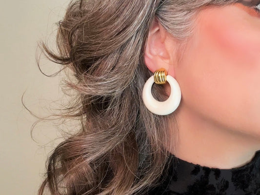 Vintage Cream Hoop Earrings, Door Knocker Earrings, White and Gold Vintage Clip On Earrings, 1980s Classic Chic Earrings