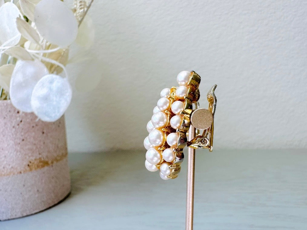 Side view of tiers Vintage Cream Pearl Oversized Teardrop Statement Earrings 