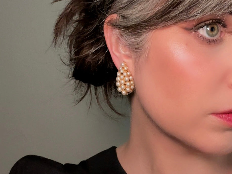 Vintage Cream Pearl Oversized Teardrop Statement Earrings from Piggle and Pop modelled by Bethan Jayne