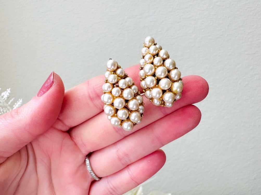 Vintage Cream Pearl Oversized Teardrop Statement Earrings from Piggle and Pop in hand
